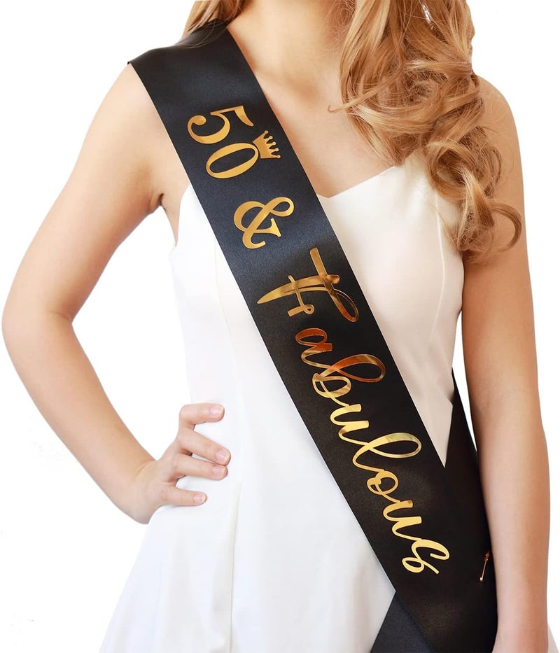 Docooniver 50th Birthday Sash for Women and Men,50&Fabulous Sash Black with Gold Foil Lettering. - Image 1